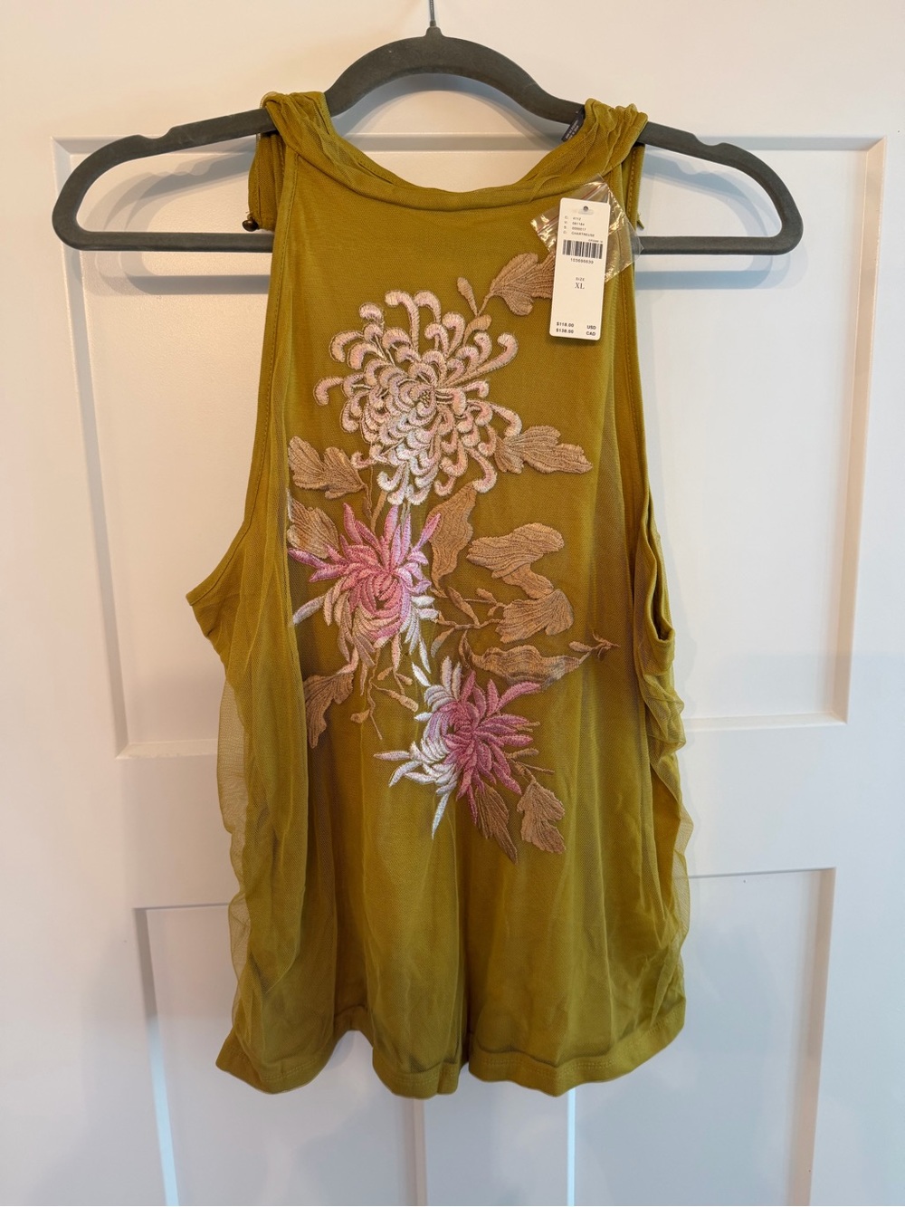 Anthropologie Women's Chartreuse Embroidered Sleeveless Top